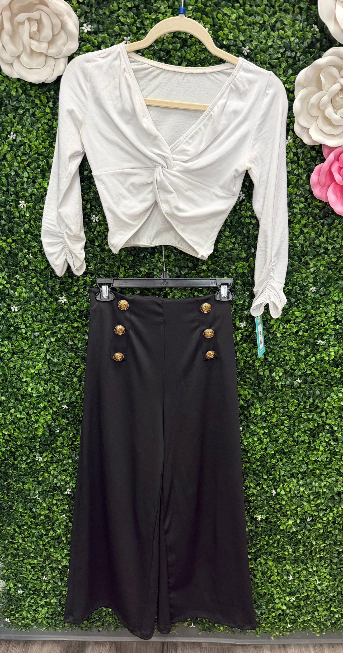 Teen White Top Black Pants with Gold Buttons