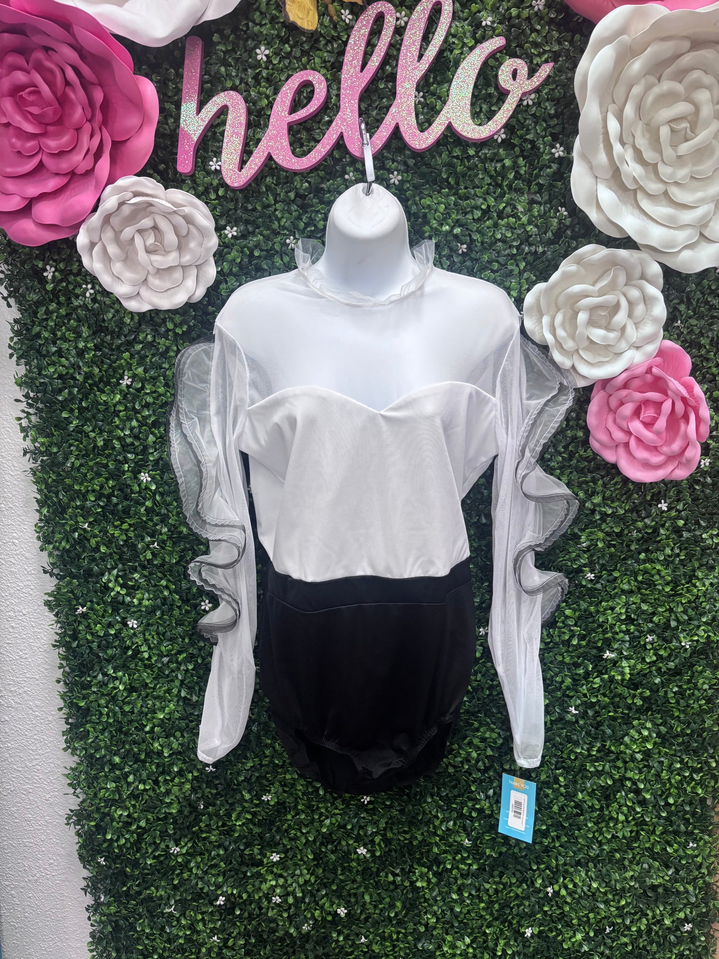 Adult X-Large White Black Puffy Sleeve Leotard with Pants