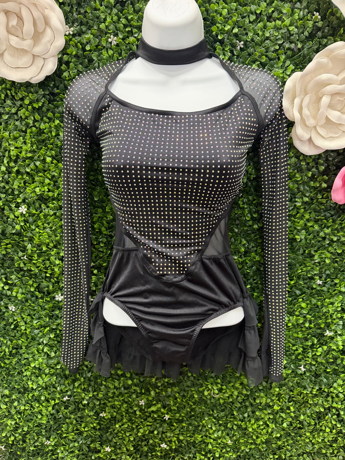 Child Medium Black Rhinestone Leotard with  Skirt